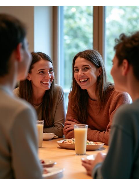 Small group of diverse adults laughing and chatting warmly at a social wellness mixer.
