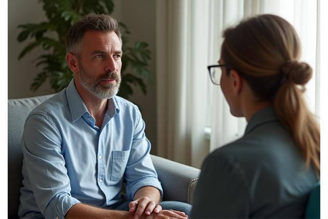 Man in a therapy session, speaking openly with a supportive therapist, symbolizing breaking silence on mental health.
