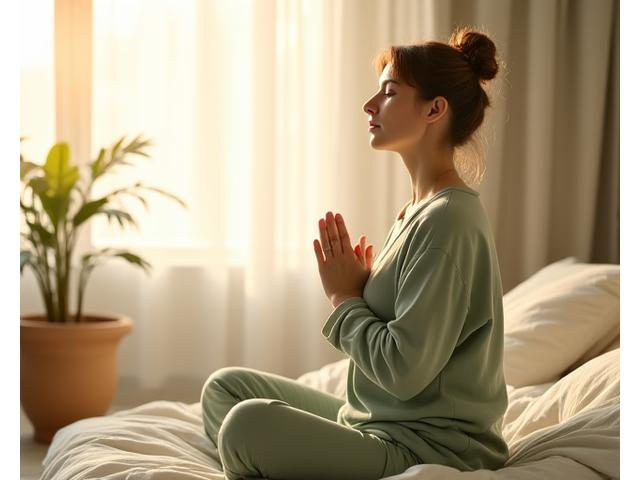 A serene woman meditating with a peaceful expression