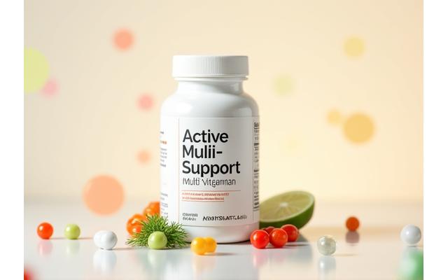 Bottle of Active Multi-Support Multivitamin with diverse nutrient illustrations.
