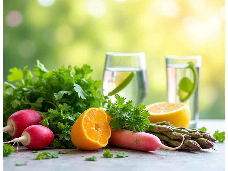 Fresh spring vegetables, detoxifying herbs, and a glass of purified water, symbolizing spring cleansing.